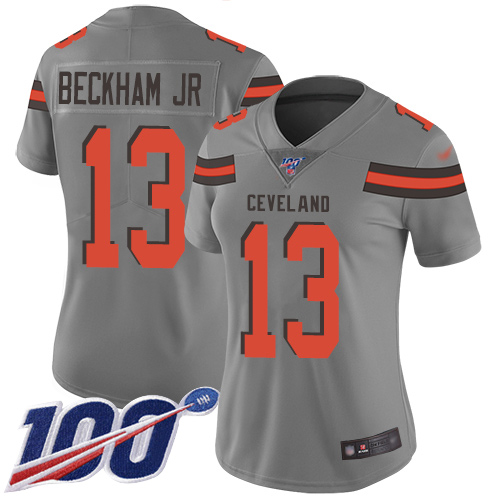Personalized Browns #13 Odell Beckham Jr Gray Women’s Stitched Football Limited Inverted Legend 100th Season Jersey