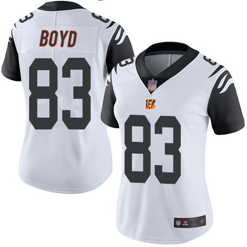Personalized Bengals #83 Tyler Boyd White Women’s Stitched Football Limited Rush Jersey