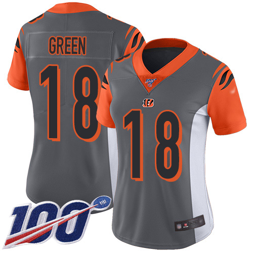 Personalized Bengals #18 A.J. Green Silver Women’s Stitched Football Limited Inverted Legend 100th Season Jersey