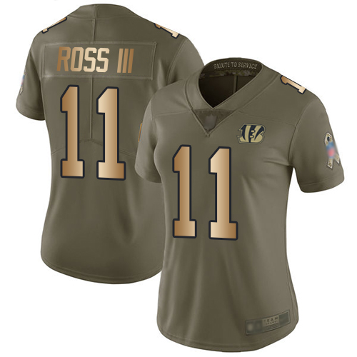 Personalized Bengals #11 John Ross III Olive Gold Women’s Stitched Football Limited 2017 Salute to Service Jersey