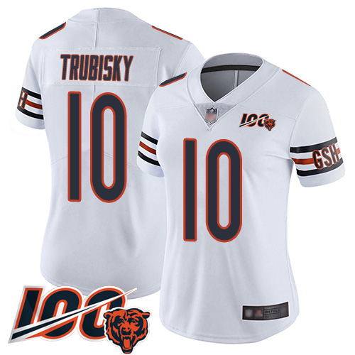 Personalized Bears #10 Mitchell Trubisky White Women’s Stitched Football 100th Season Limited Jersey