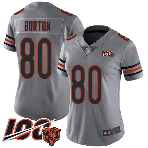 Personalized Bears #80 Trey Burton Silver Women’s Stitched Football Limited Inverted Legend 100th Season Jersey