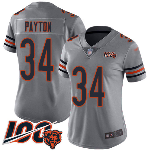 Personalized Bears #34 Walter Payton Silver Women’s Stitched Football Limited Inverted Legend 100th Season Jersey
