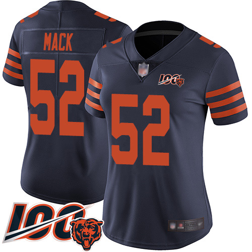 Personalized Bears #52 Khalil Mack Navy Blue Alternate Women’s Stitched Football 100th Season Limited Jersey