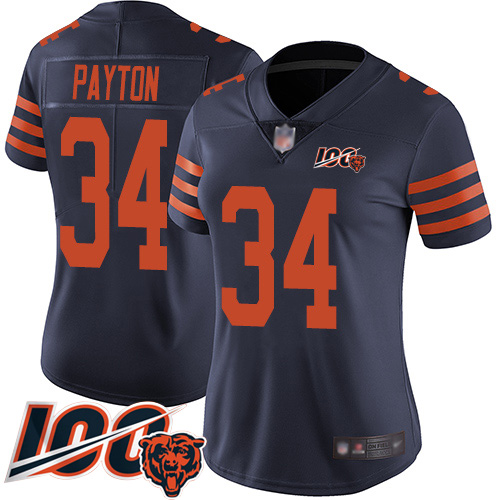 Personalized Bears #34 Walter Payton Navy Blue Alternate Women’s Stitched Football 100th Season Limited Jersey