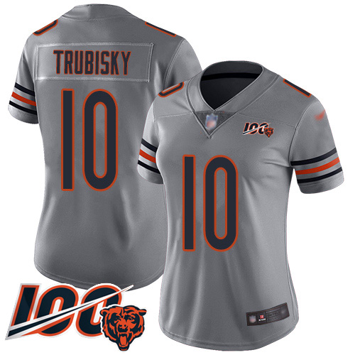 Personalized Bears #10 Mitchell Trubisky Silver Women’s Stitched Football Limited Inverted Legend 100th Season Jersey