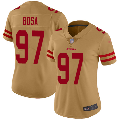 Personalized 49ers #97 Nick Bosa Gold Women’s Stitched Football Limited Inverted Legend Jersey