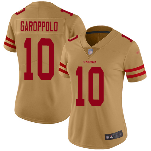 Personalized 49ers #10 Jimmy Garoppolo Gold Women’s Stitched Football Limited Inverted Legend Jersey