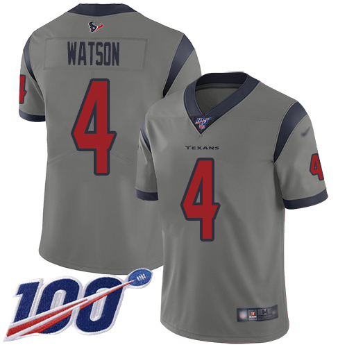 Personalized Texans #4 Deshaun Watson Gray Men’s Stitched Football Limited Inverted Legend 100th Season Jersey