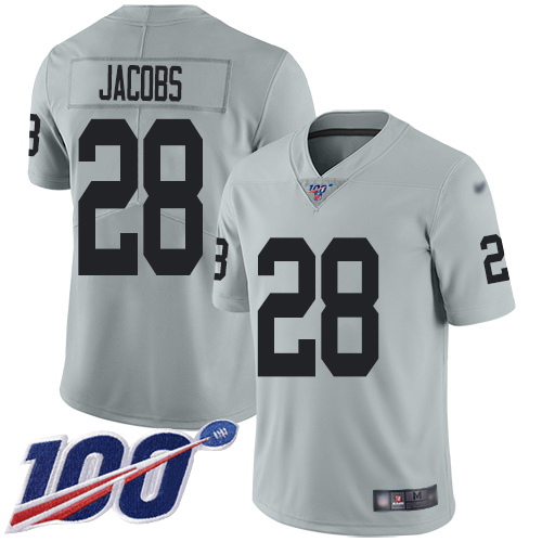 Personalized Raiders #28 Josh Jacobs Silver Men’s Stitched Football Limited Inverted Legend 100th Season Jersey