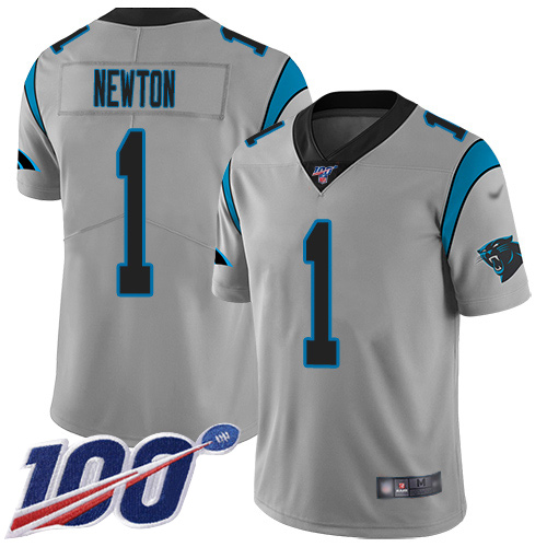Personalized Panthers #1 Cam Newton Silver Men’s Stitched Football Limited Inverted Legend 100th Season Jersey