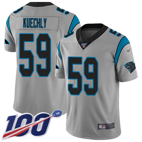 Personalized Panthers #59 Luke Kuechly Silver Men’s Stitched Football Limited Inverted Legend 100th Season Jersey