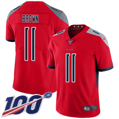 Personalized Titans #11 A.J. Brown Red Men’s Stitched Football Limited Inverted Legend 100th Season Jersey