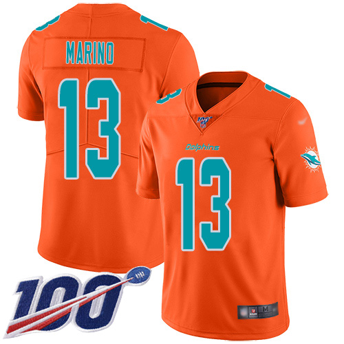 Personalized Dolphins #13 Dan Marino Orange Men’s Stitched Football Limited Inverted Legend 100th Season Jersey