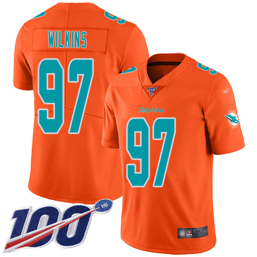 Personalized Dolphins #97 Christian Wilkins Orange Men’s Stitched Football Limited Inverted Legend 100th Season Jersey