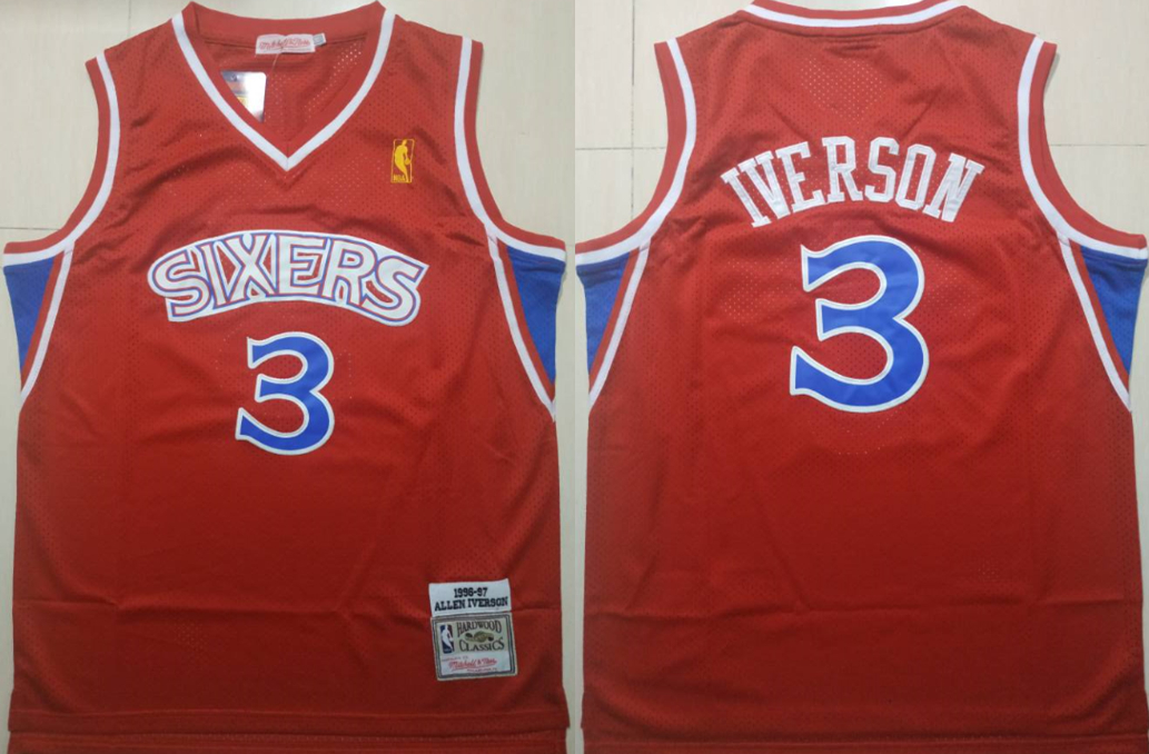 Personalized 76ers 3 Allen Iverson Red 1996-97 Hardwood Classics Jersey