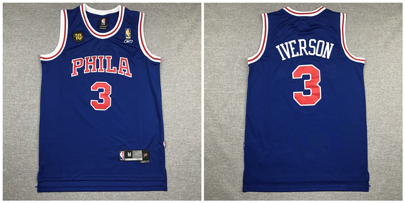 Personalized 76ers 3 Allen Iverson Blue 10th Anniversary Mesh Swingman Jersey