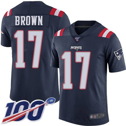 Personalized Patriots #17 Antonio Brown Navy Blue Youth Stitched Football Limited Rush 100th Season Jersey