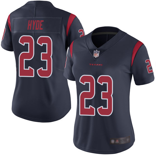 Personalized Texans #23 Carlos Hyde Navy Blue Women’s Stitched Football Limited Rush Jersey