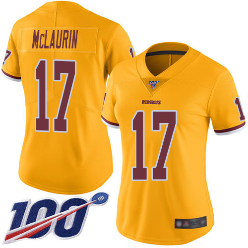Personalized Redskins #17 Terry McLaurin Gold Women’s Stitched Football Limited Rush 100th Season Jersey