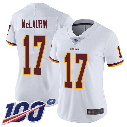 Personalized Redskins #17 Terry McLaurin White Women’s Stitched Football 100th Season Limited Jersey