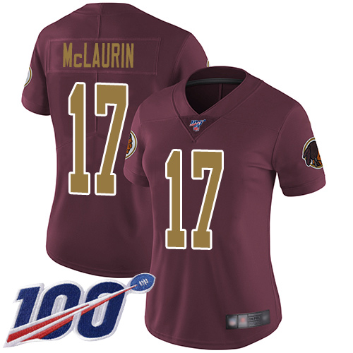 Personalized Redskins #17 Terry McLaurin Burgundy Red Alternate Women’s Stitched Football 100th Season Limited Jersey