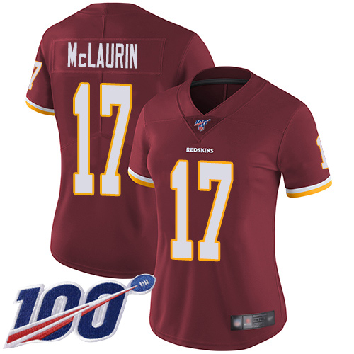 Personalized Redskins #17 Terry McLaurin Burgundy Red Team Color Women’s Stitched Football 100th Season Limited Jersey