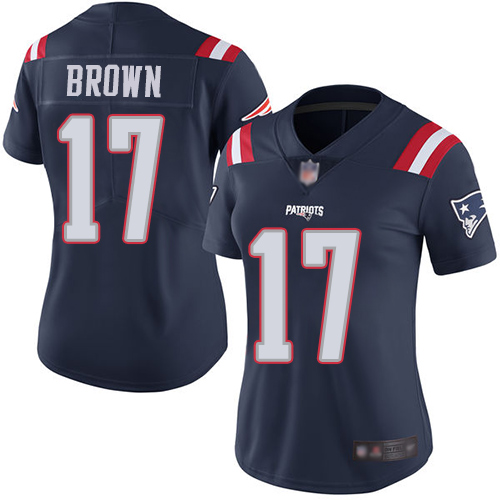 Personalized Patriots #17 Antonio Brown Navy Blue Women’s Stitched Football Limited Rush Jersey