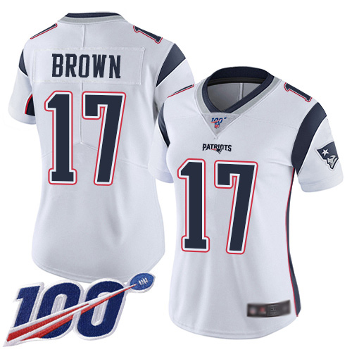 Personalized Patriots #17 Antonio Brown White Women’s Stitched Football 100th Season Limited Jersey
