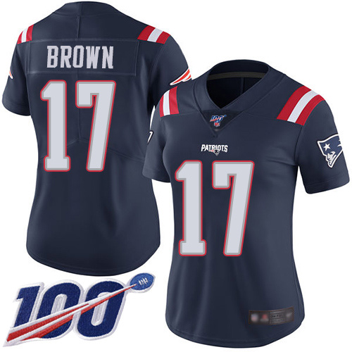 Personalized Patriots #17 Antonio Brown Navy Blue Women’s Stitched Football Limited Rush 100th Season Jersey