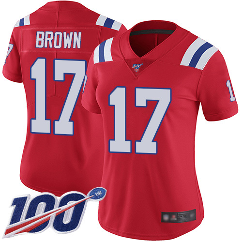 Personalized Patriots #17 Antonio Brown Red Alternate Women’s Stitched Football 100th Season Limited Jersey