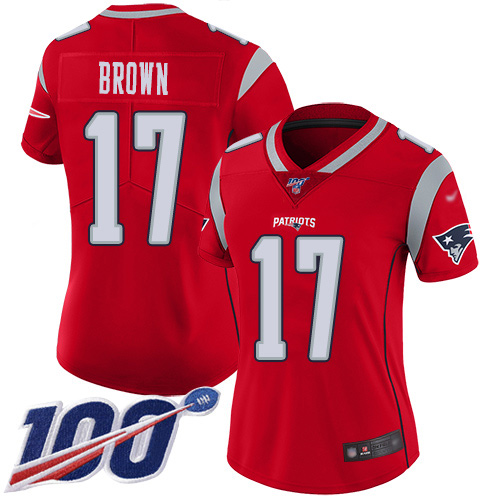 Personalized Patriots #17 Antonio Brown Red Women’s Stitched Football Limited Inverted Legend 100th Season Jersey