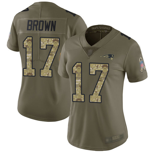 Personalized Patriots #17 Antonio Brown Olive Camo Women’s Stitched Football Limited 2017 Salute to Service Jersey