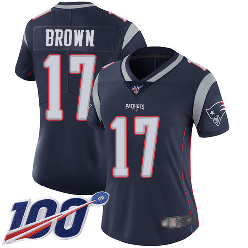 Personalized Patriots #17 Antonio Brown Navy Blue Team Color Women’s Stitched Football 100th Season Limited Jersey