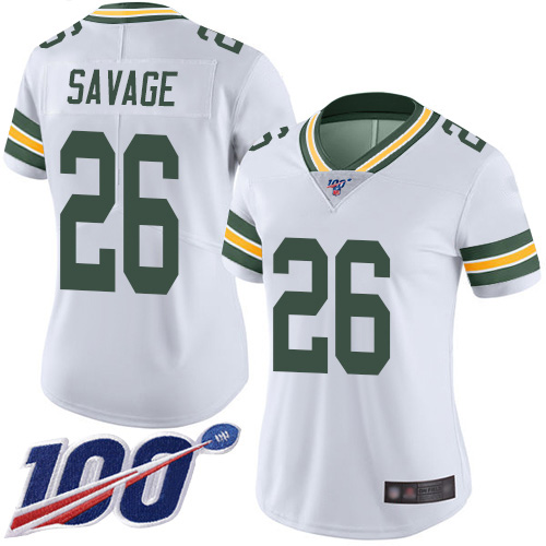 Personalized Packers #26 Darnell Savage White Women’s Stitched Football 100th Season Limited Jersey