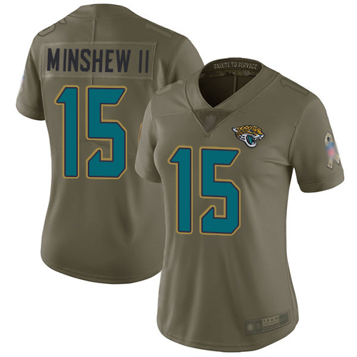 Personalized Jaguars #15 Gardner Minshew II Olive Women’s Stitched Football Limited 2017 Salute to Service Jersey
