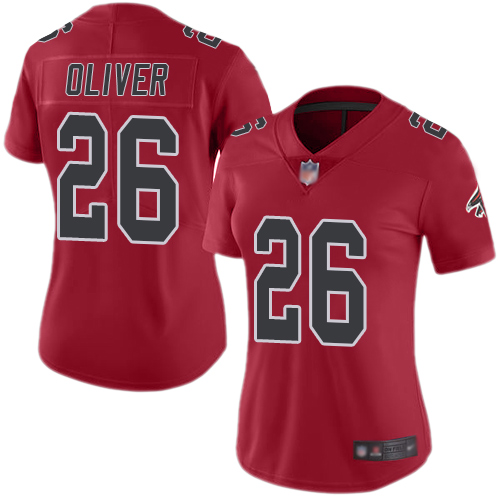 Personalized Falcons #26 Isaiah Oliver Red Women’s Stitched Football Limited Rush Jersey