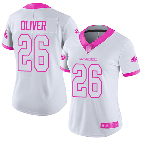 Personalized Falcons #26 Isaiah Oliver White Pink Women’s Stitched Football Limited Rush Fashion Jersey