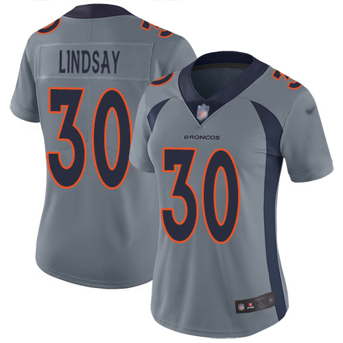 Personalized Broncos #30 Phillip Lindsay Gray Women’s Stitched Football Limited Inverted Legend Jersey