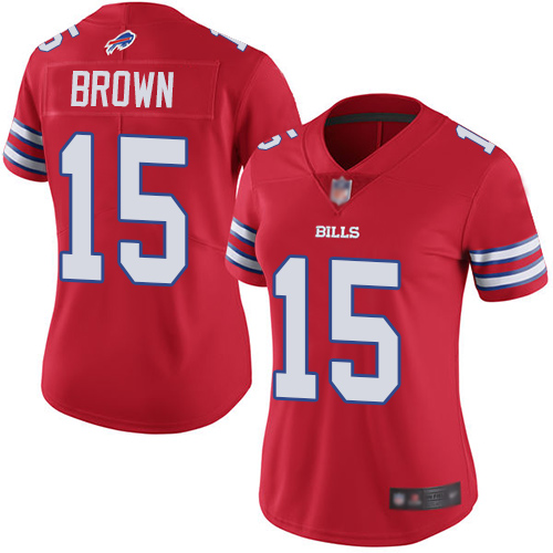 Personalized Bills #15 John Brown Red Women’s Stitched Football Limited Rush Jersey
