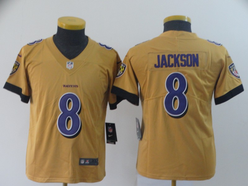 Personalized Youth Ravens 8 Lamar Jackson Gold Youth Inverted Legend Limited Jersey