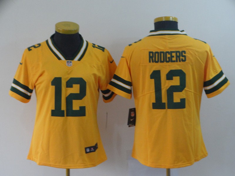 Personalized Women Packers 12 Aaron Rodgers Gold Women Inverted Legend Limited Jersey