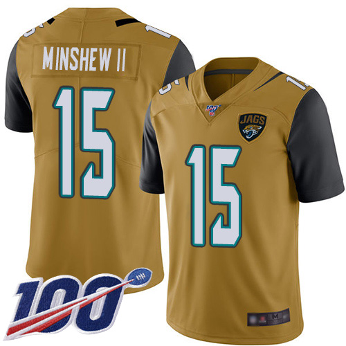 Personalized Jaguars #15 Gardner Minshew II Gold Youth Stitched Football Limited Rush 100th Season Jersey