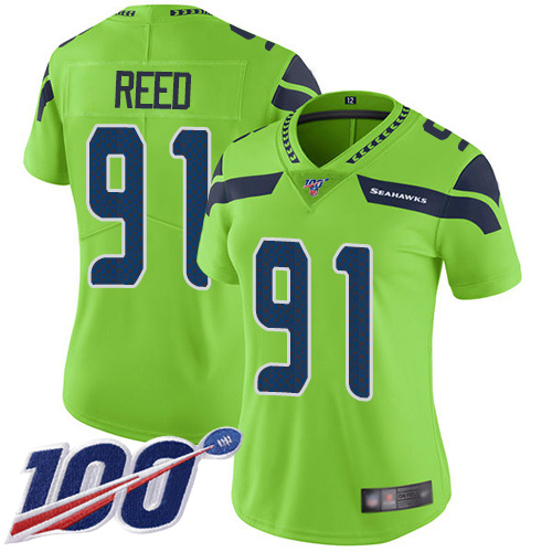Personalized Seahawks #91 Jarran Reed Green Women’s Stitched Football Limited Rush 100th Season Jersey