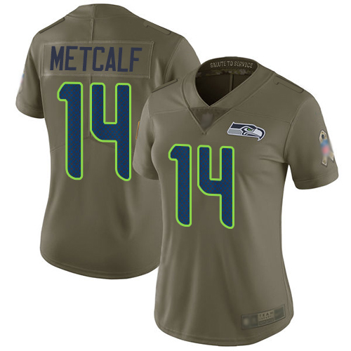 Personalized Seahawks #14 D.K. Metcalf Olive Women’s Stitched Football Limited 2017 Salute to Service Jersey