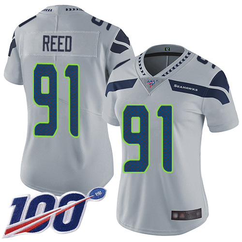 Personalized Seahawks #91 Jarran Reed Grey Alternate Women’s Stitched Football 100th Season Limited Jersey