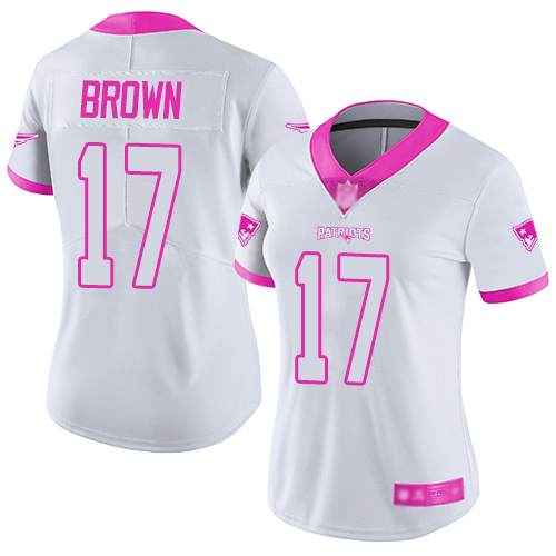 Personalized Patriots #17 Antonio Brown White Pink Women’s Stitched Football Limited Rush Fashion Jersey