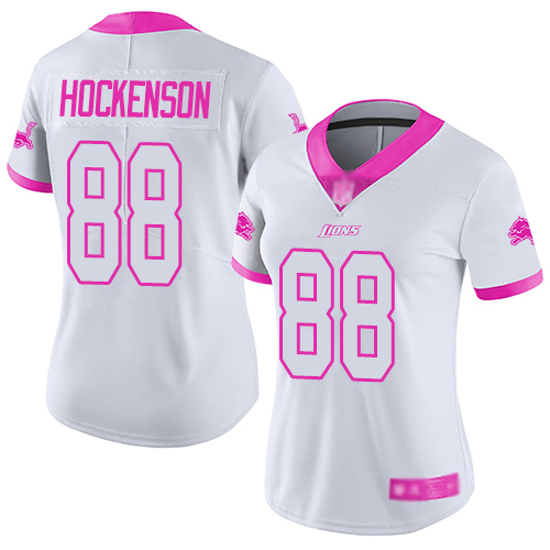 Personalized Lions #88 T.J. Hockenson White Pink Women’s Stitched Football Limited Rush Fashion Jersey