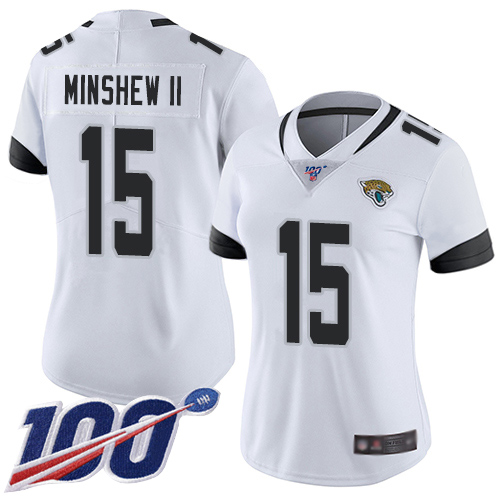 Personalized Jaguars #15 Gardner Minshew II White Women’s Stitched Football 100th Season Limited Jersey