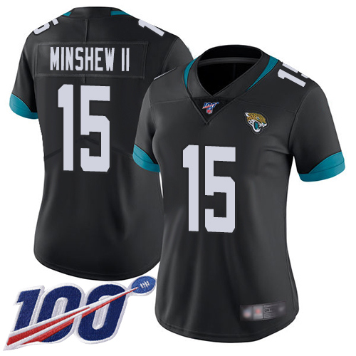 Personalized Jaguars #15 Gardner Minshew II Black Team Color Women’s Stitched Football 100th Season Limited Jersey